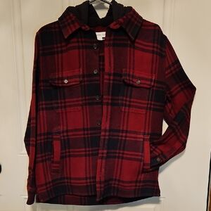 Like New Aeropostale Red and Black Plaid Hooded Utility Jacket Ladies Small